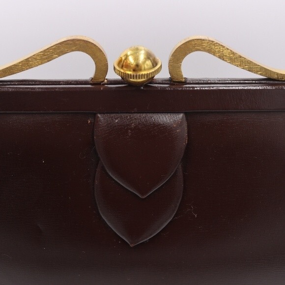 Vintage 1960s Large Brown Leather Handbag Gold Frame Kiss Lock Purse - Picture 2 of 16